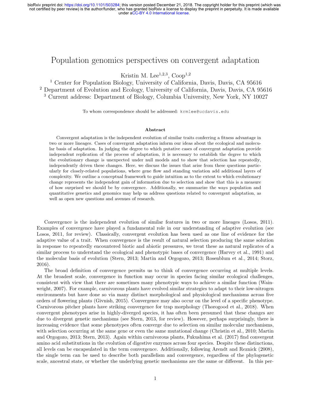 Population Genomics Perspectives on Convergent Adaptation