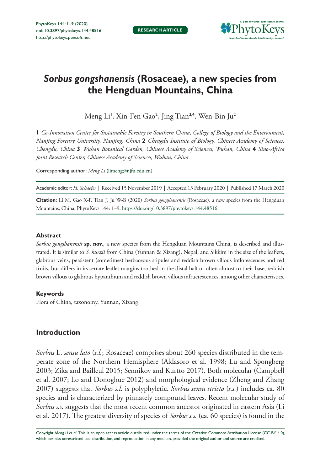 Sorbus Gongshanensis (Rosaceae), a New Species from the Hengduan Mountains, China