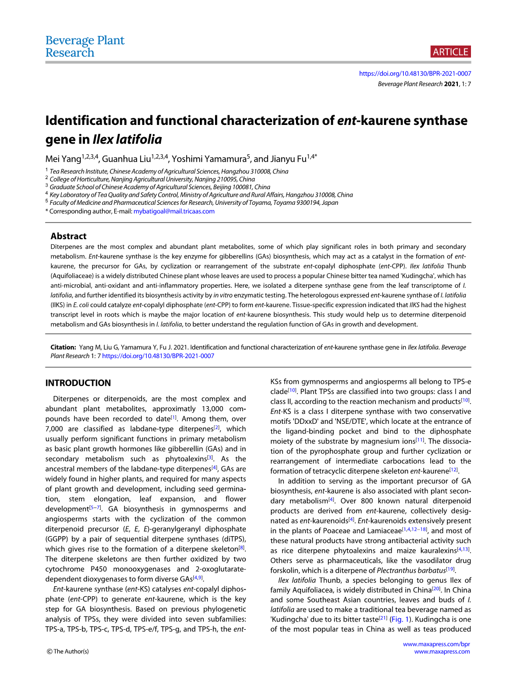 Identification and Functional Characterization of Ent-Kaurene