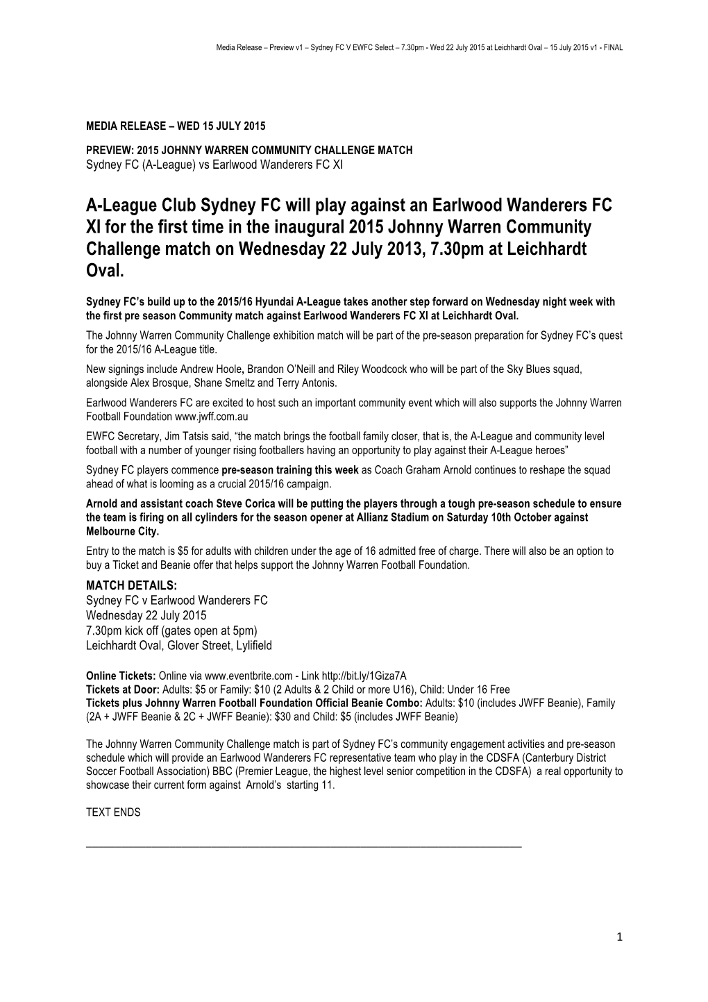 A-League Club Sydney FC Will Play Against an Earlwood Wanderers FC