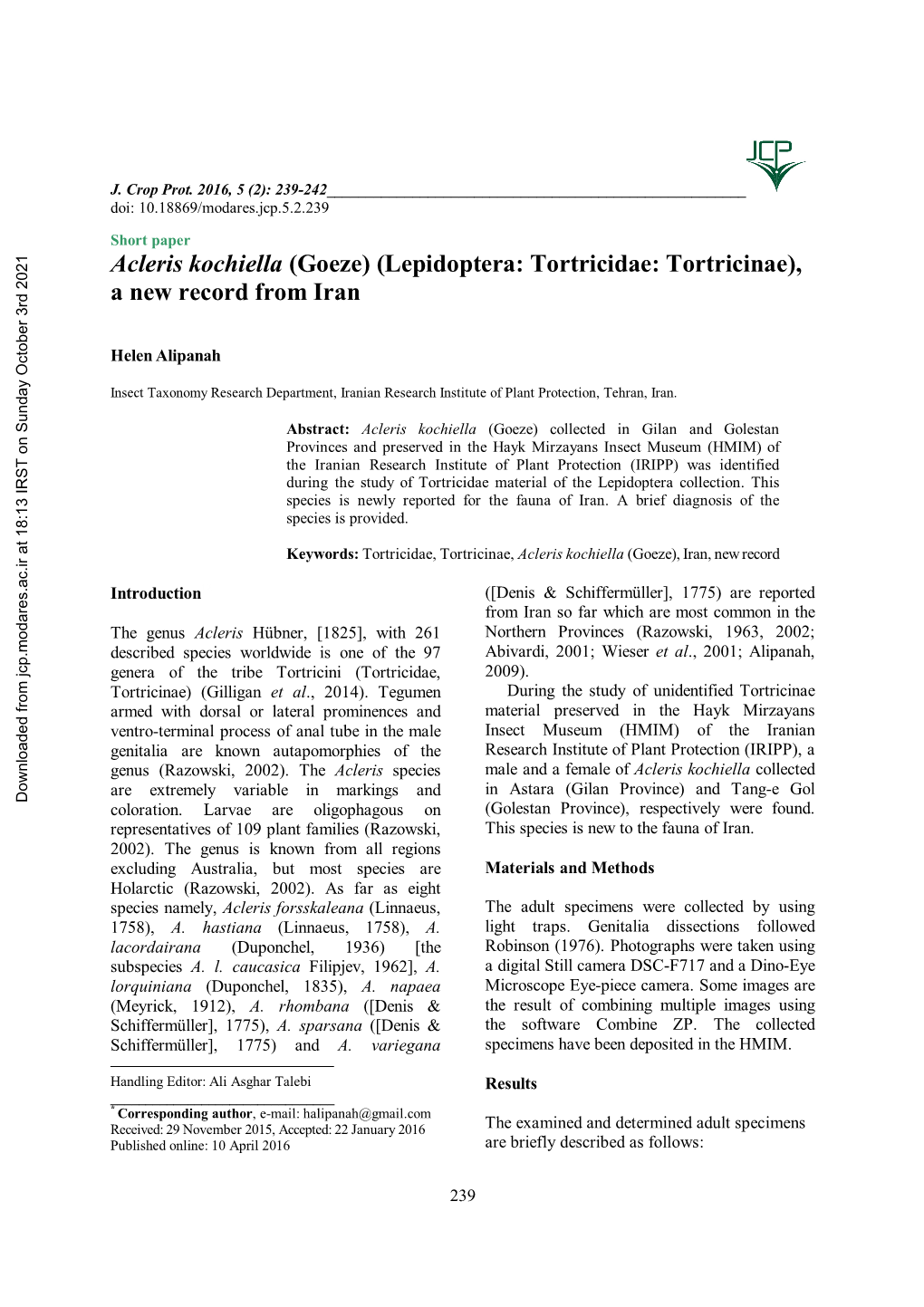 Acleris Kochiella (Goeze) (Lepidoptera: Tortricidae: Tortricinae), a New Record from Iran