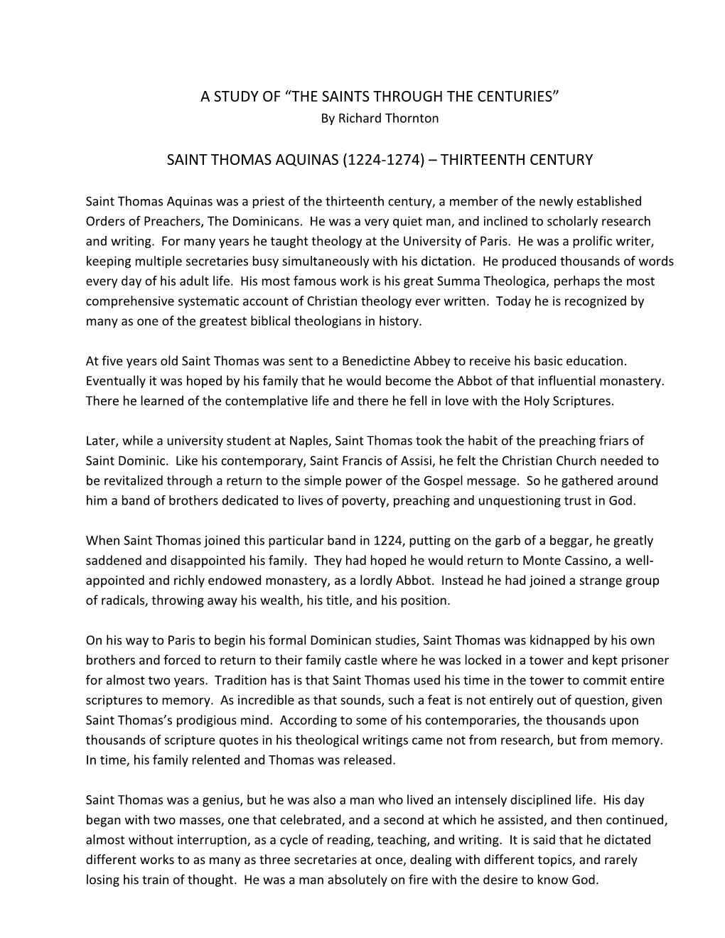 Saint Thomas Aquinas (1224-1274) – Thirteenth Century