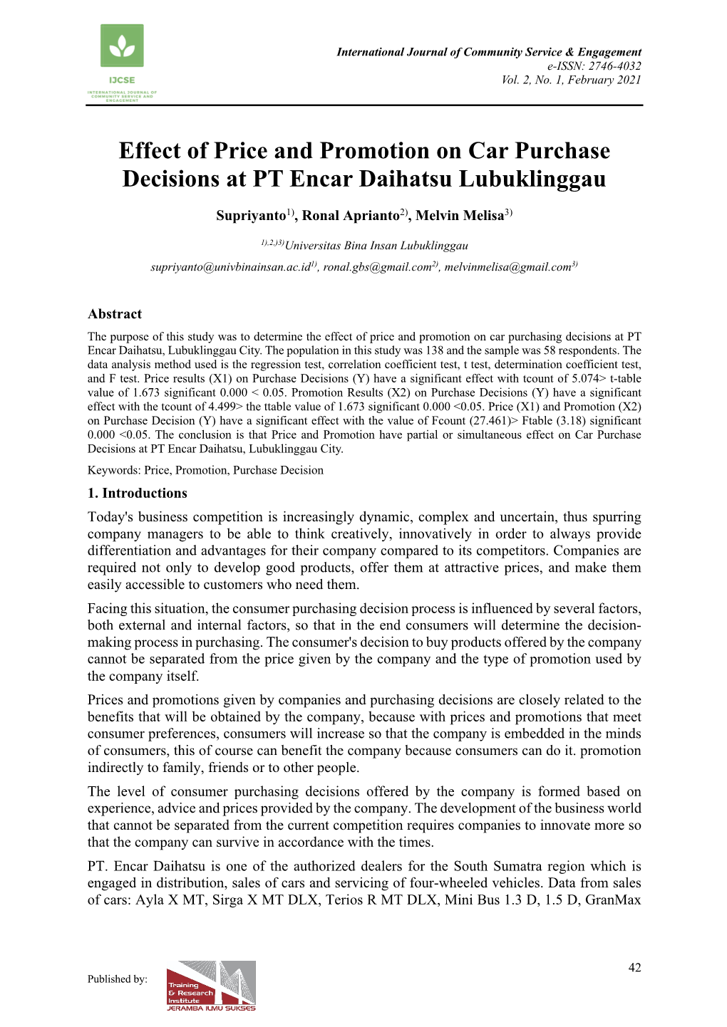 Effect of Price and Promotion on Car Purchase Decisions at PT Encar Daihatsu Lubuklinggau