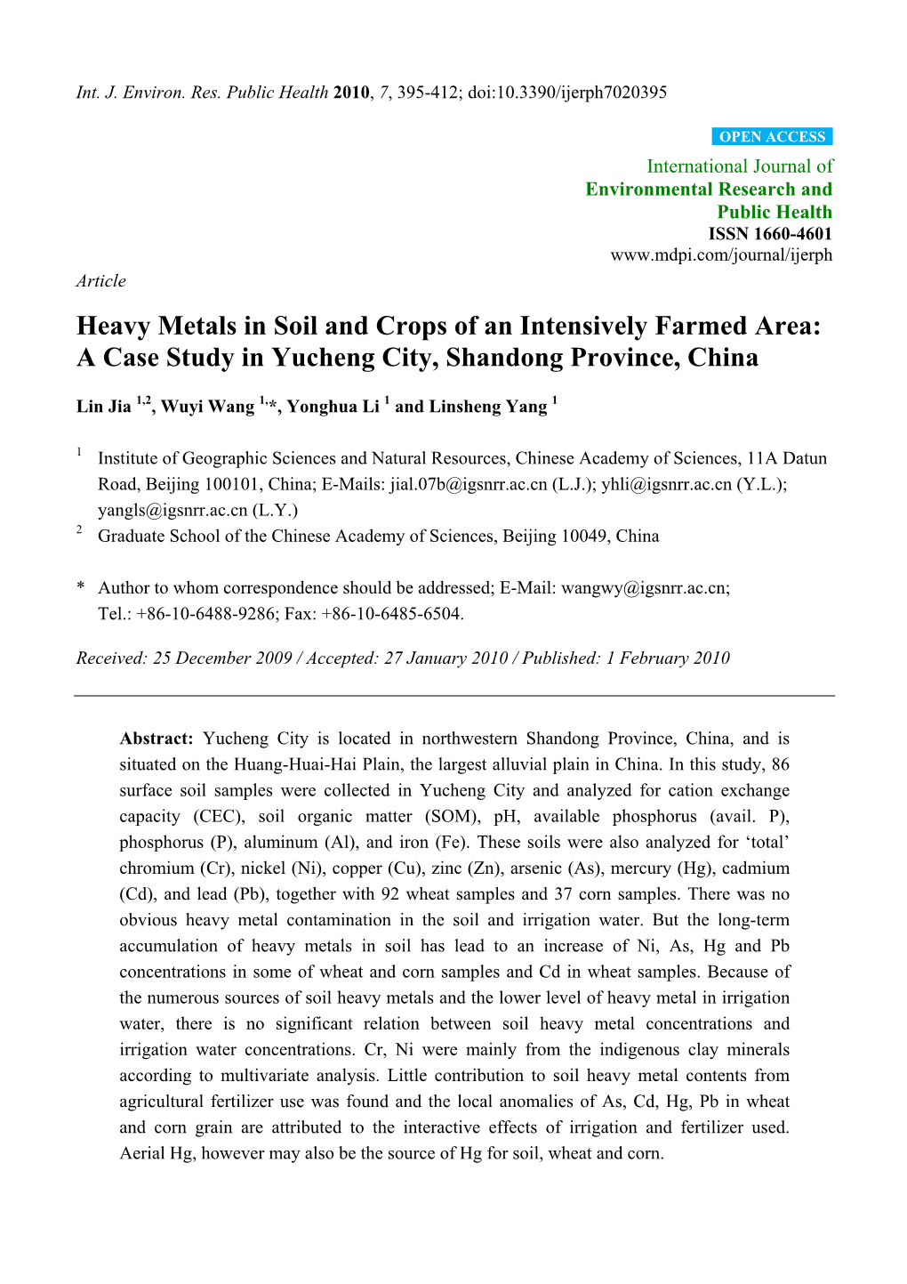 Heavy Metals in Soil and Crops of an Intensively Farmed Area: a Case Study in Yucheng City, Shandong Province, China