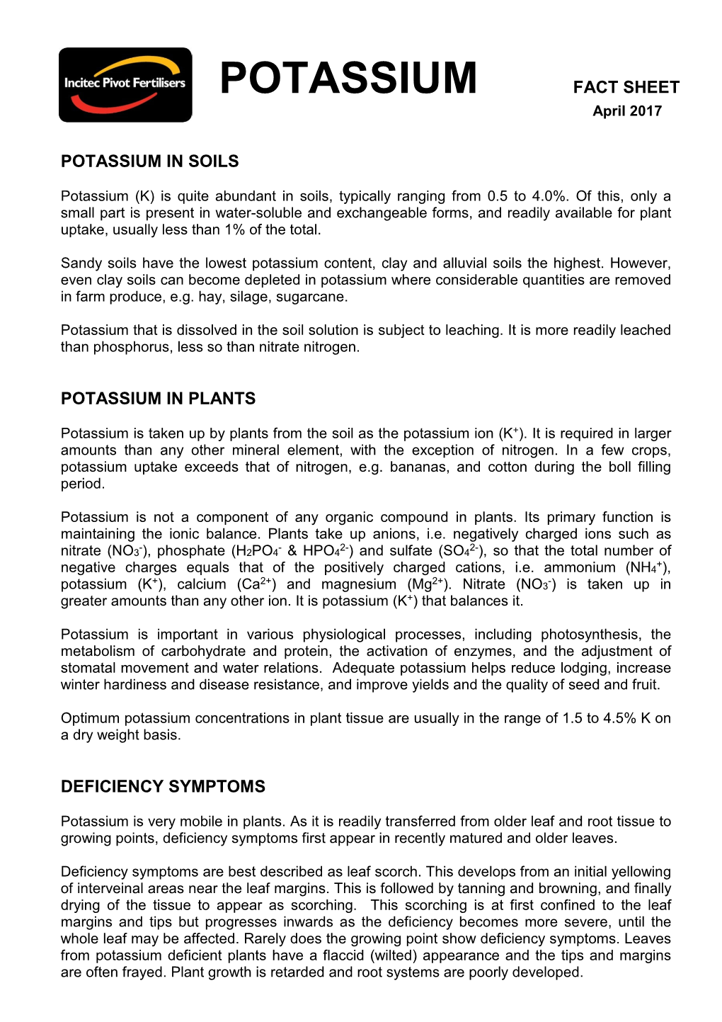 13 Potassium Fact Sheet