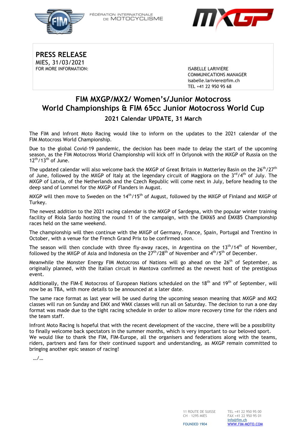 FIM MXGP/MX2/ Women's/Junior Motocross World Championships & FIM 65Cc Junior Motocross World