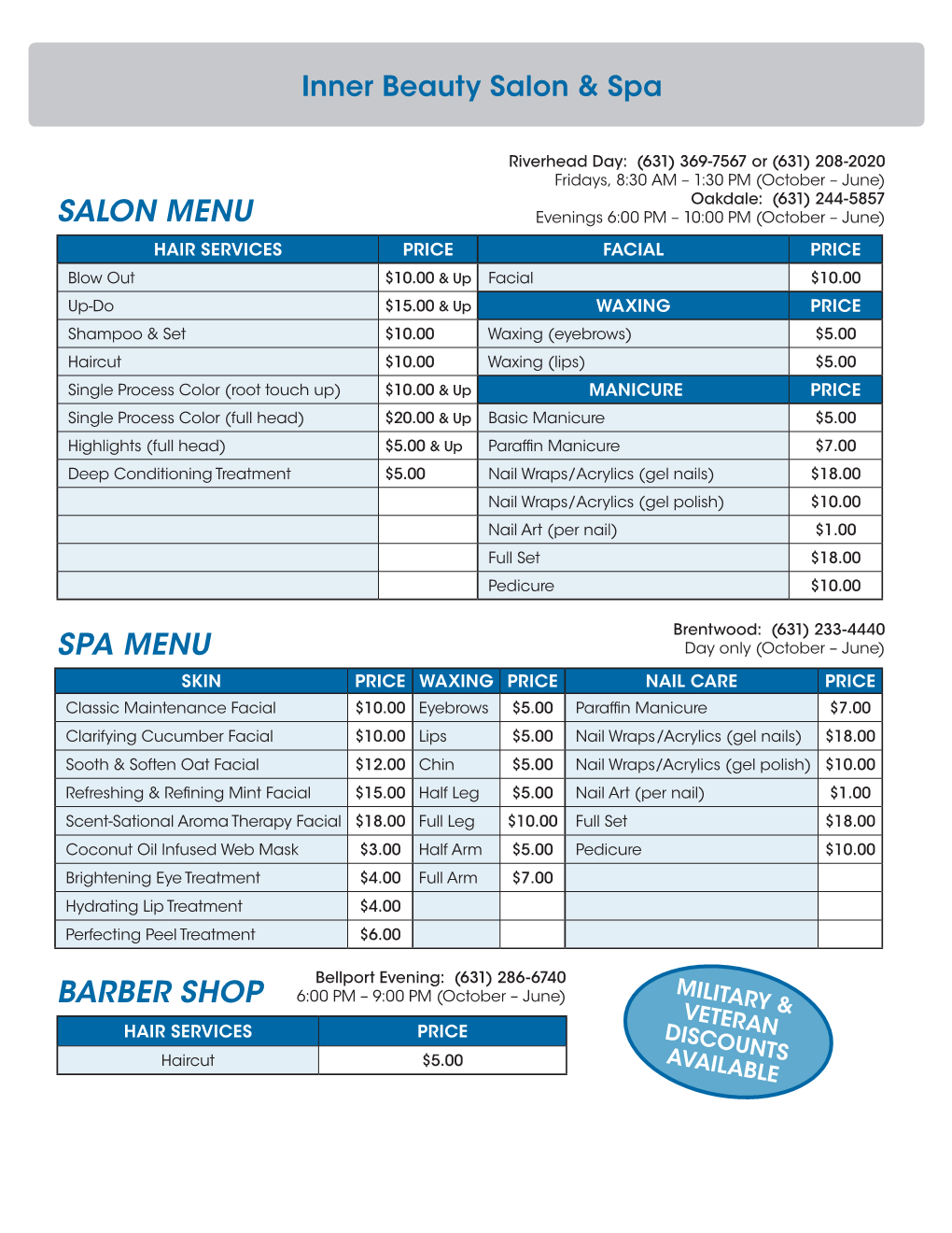 Salon Menu Spa Menu Barber Shop