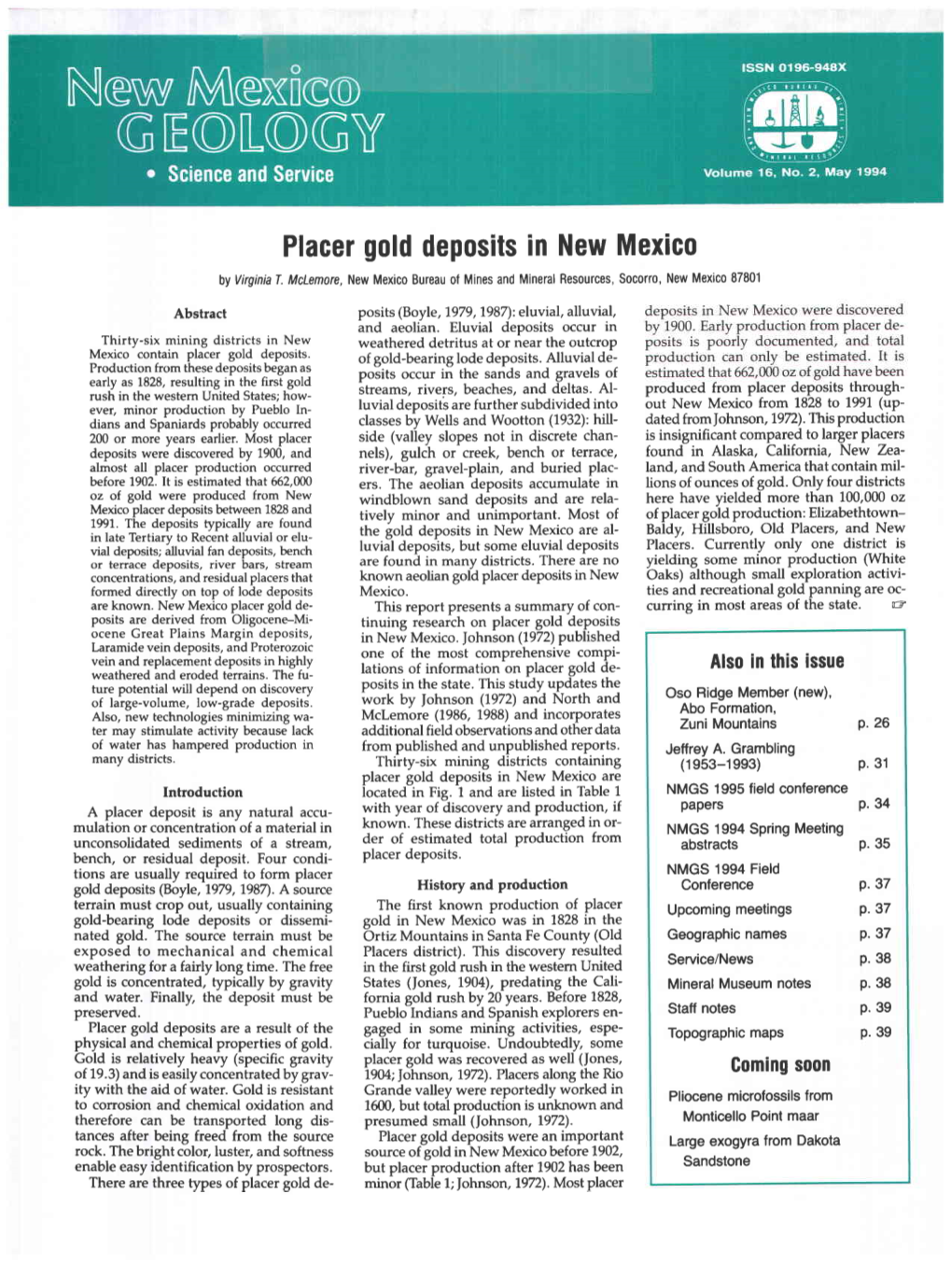 Placer Gold Deposits in New Mexico Are Introduction Located in Fig