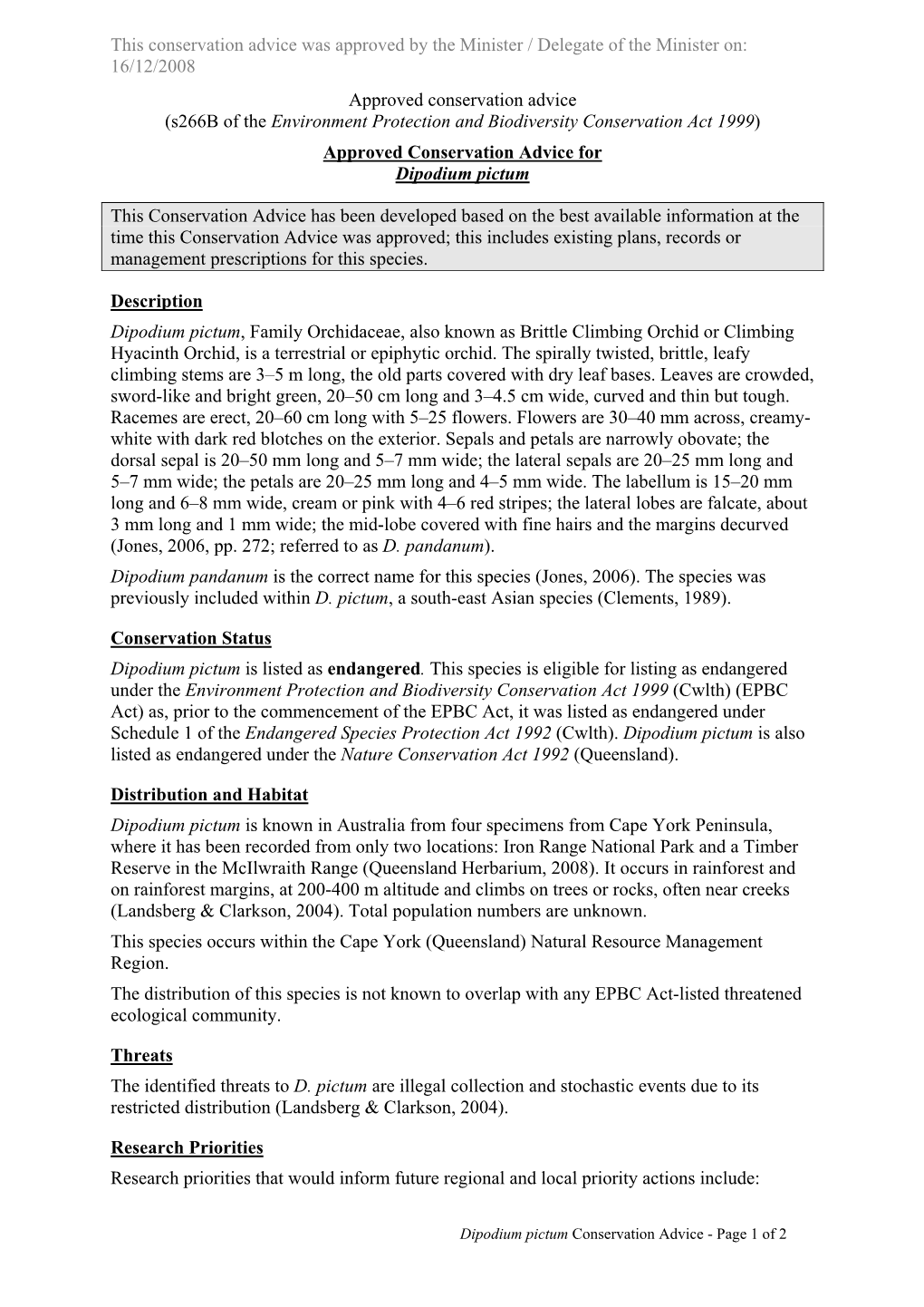 Approved Conservation Advice for Dipodium Pictum