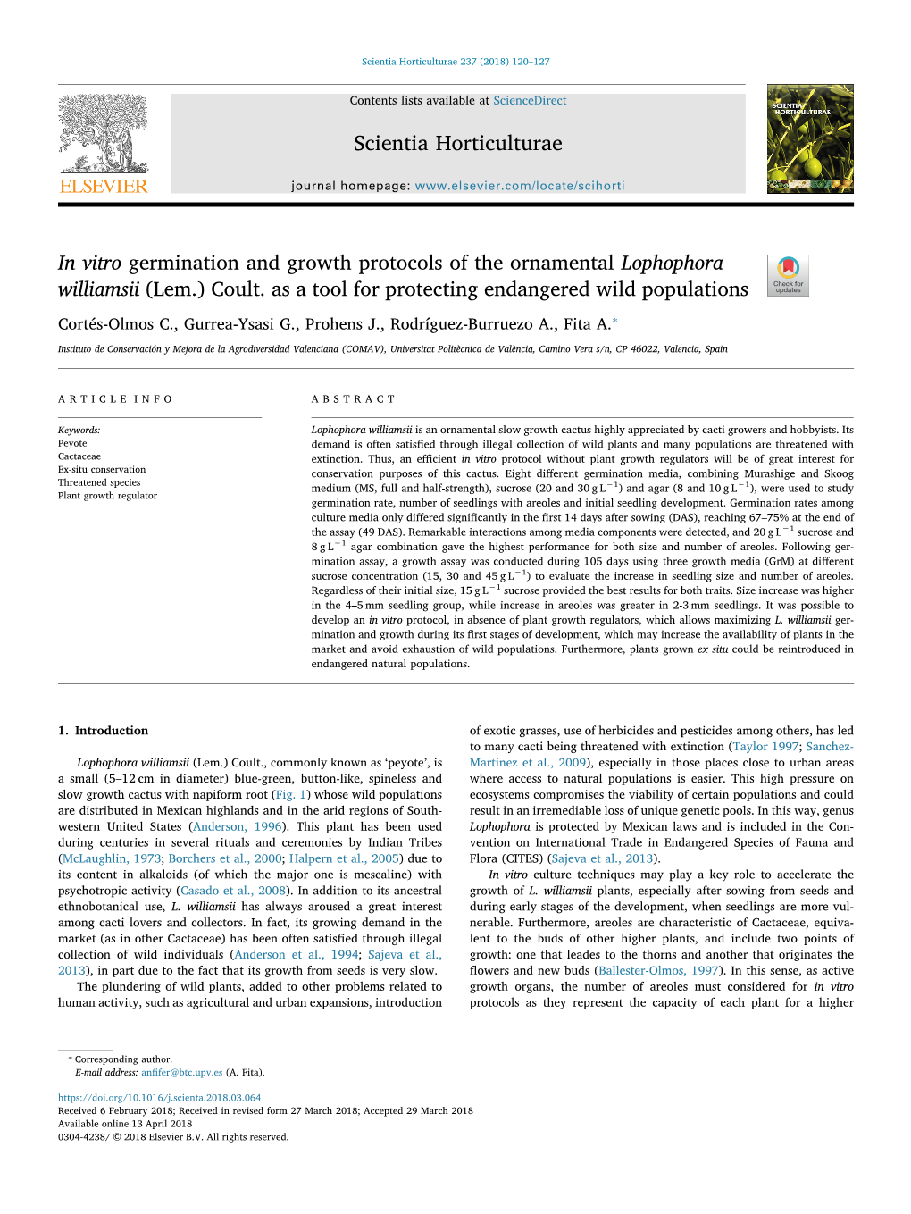 In Vitro Germination and Growth Protocols of the Ornamental Lophophora Williamsii (Lem.) Coult. As a Tool for Protecting Endange