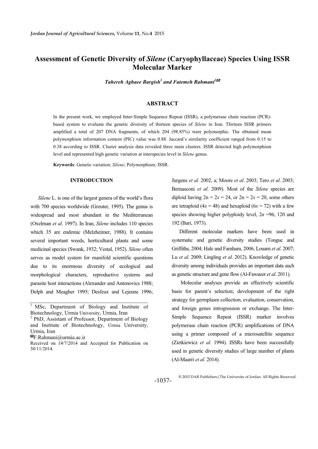 Caryophyllaceae) Species Using ISSR Molecular Marker