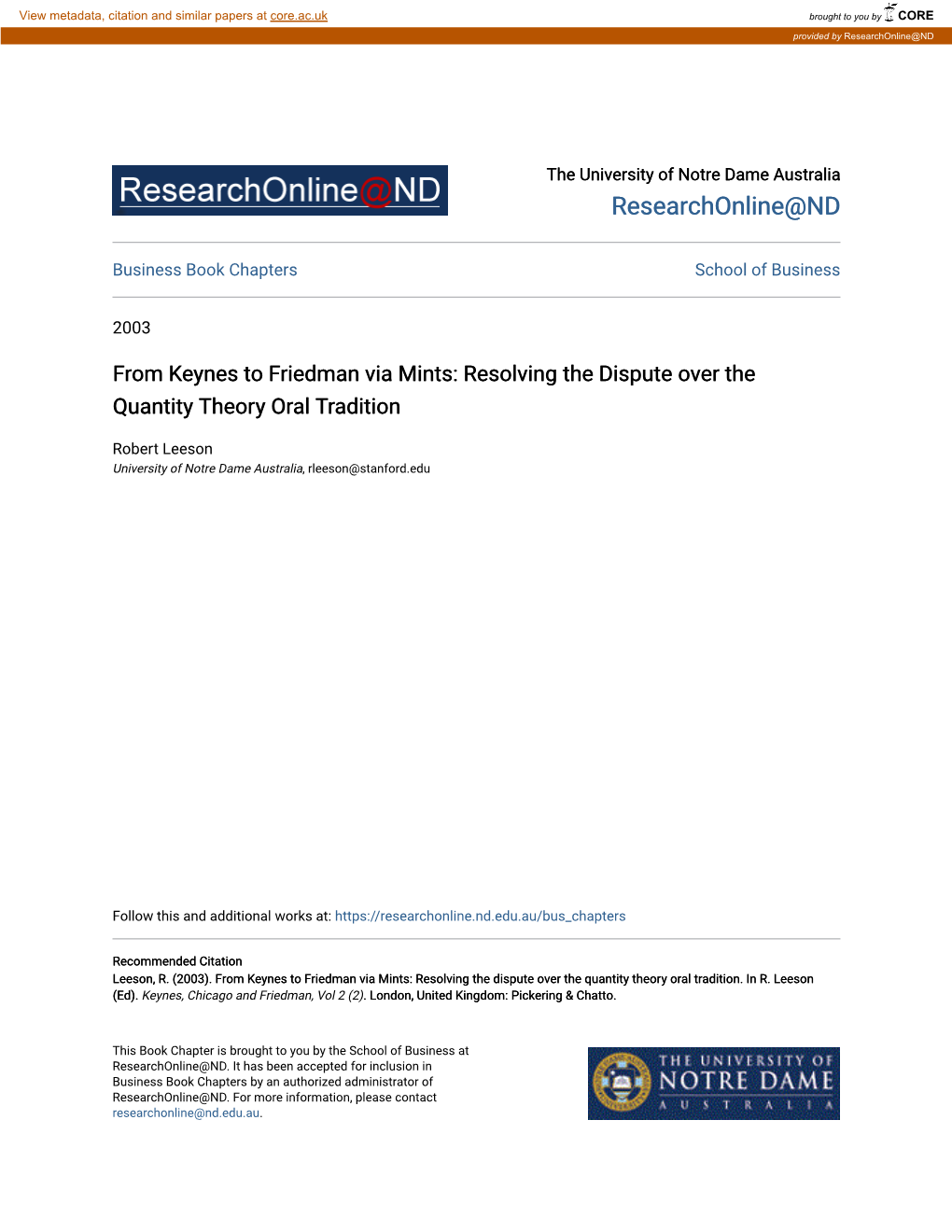 From Keynes to Friedman Via Mints: Resolving the Dispute Over the Quantity Theory Oral Tradition