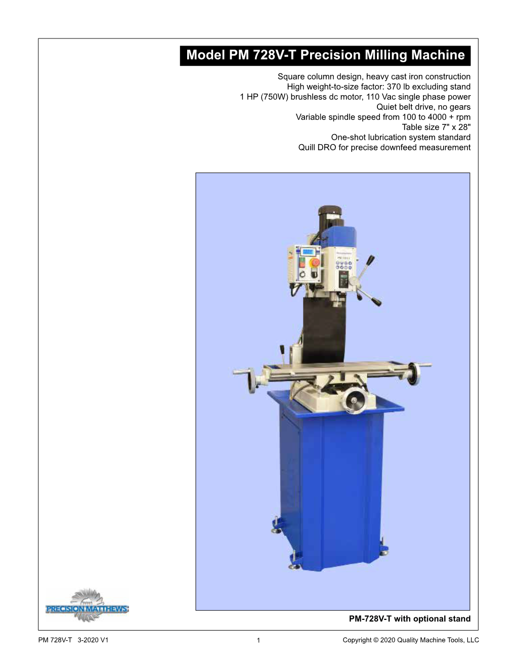 Model PM 728V-T Precision Milling Machine