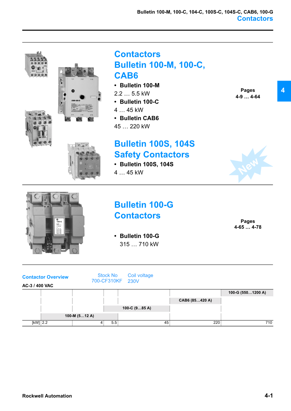 Contactors Bulletin 100-M, 100-C, CAB6 • Bulletin 100-M Pages 2.2 … 5.5 Kw 4 4-9 … 4-64 • Bulletin 100-C 4 … 45 Kw • Bulletin CAB6 45 … 220 Kw