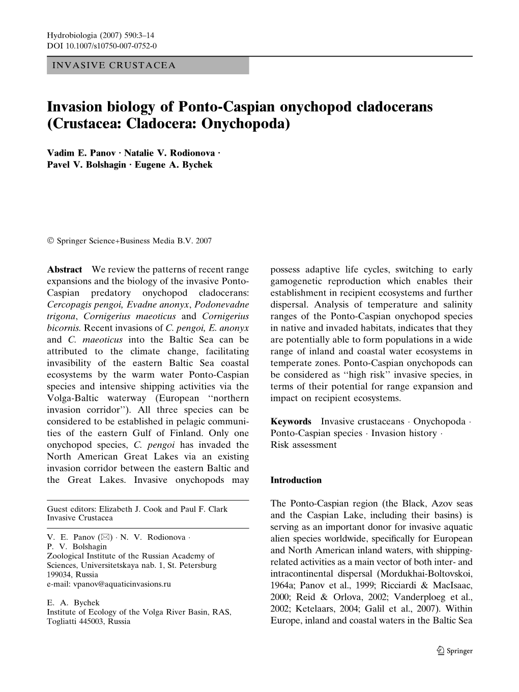 Invasion Biology of Ponto-Caspian Onychopod Cladocerans (Crustacea: Cladocera: Onychopoda)