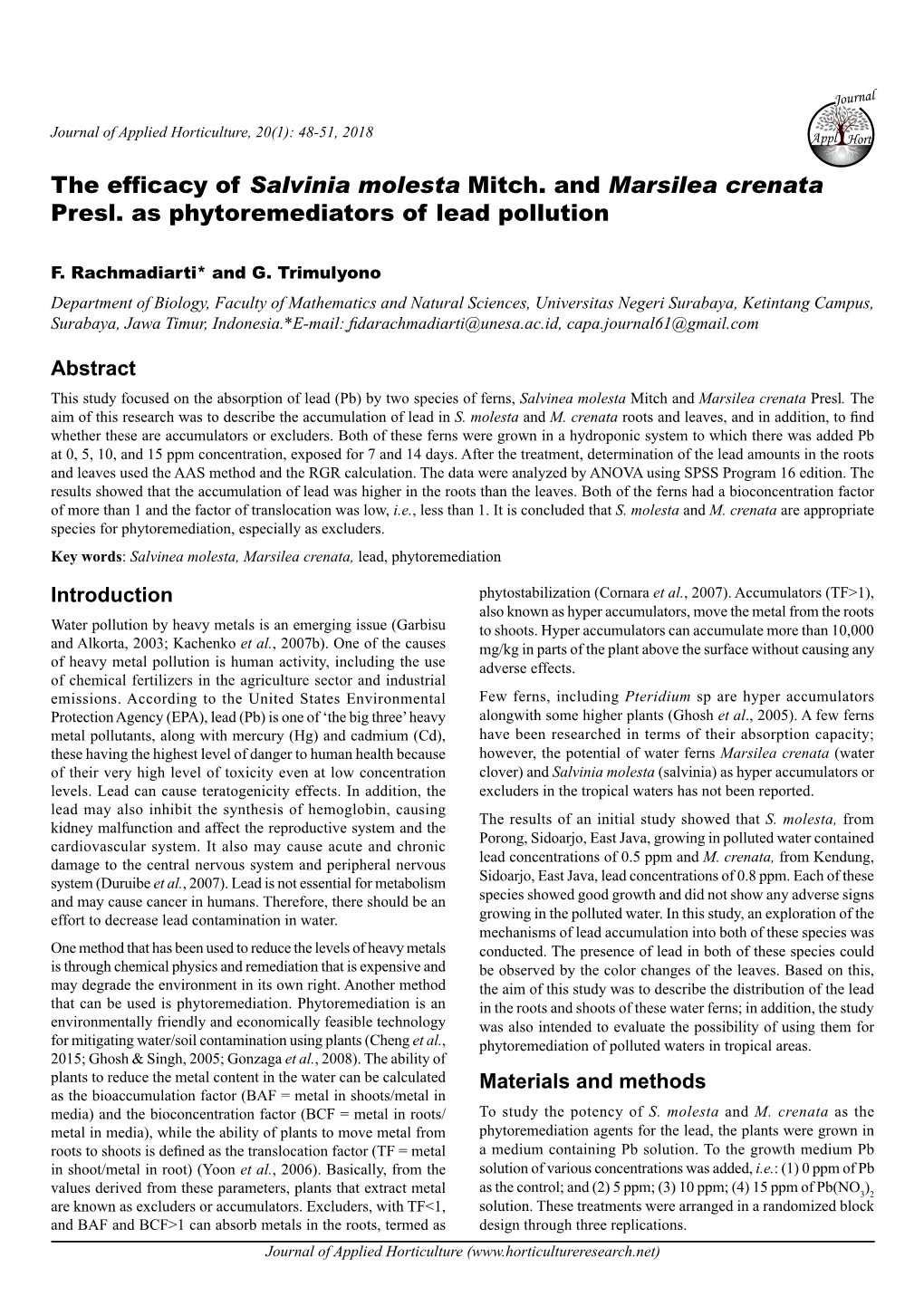 The Efficacy of Salvinia Molesta Mitch. and Marsilea Crenata Presl. As Phytoremediators of Lead Pollution