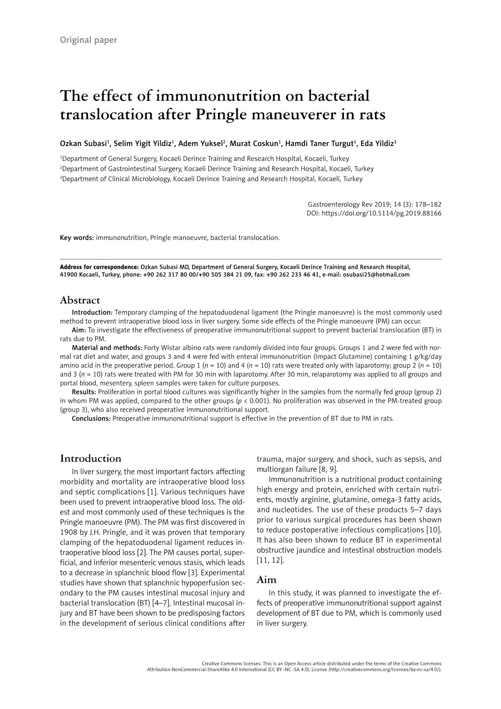 The Effect of Immunonutrition on Bacterial Translocation After Pringle Maneuverer in Rats