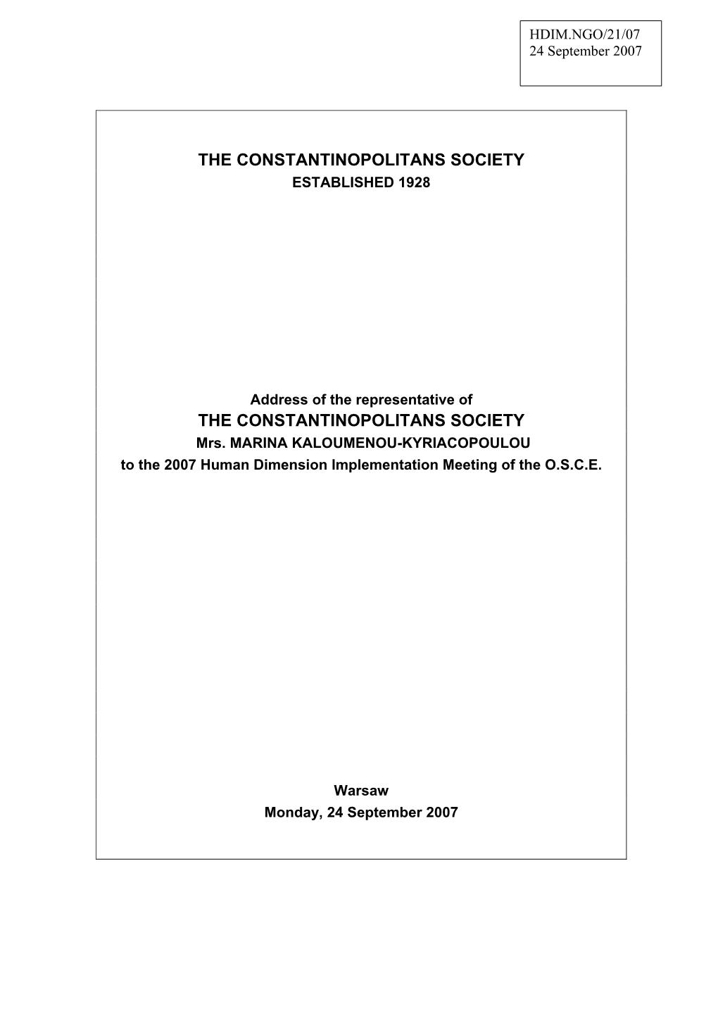 Address of the Representative of the ASSOCIATION OF