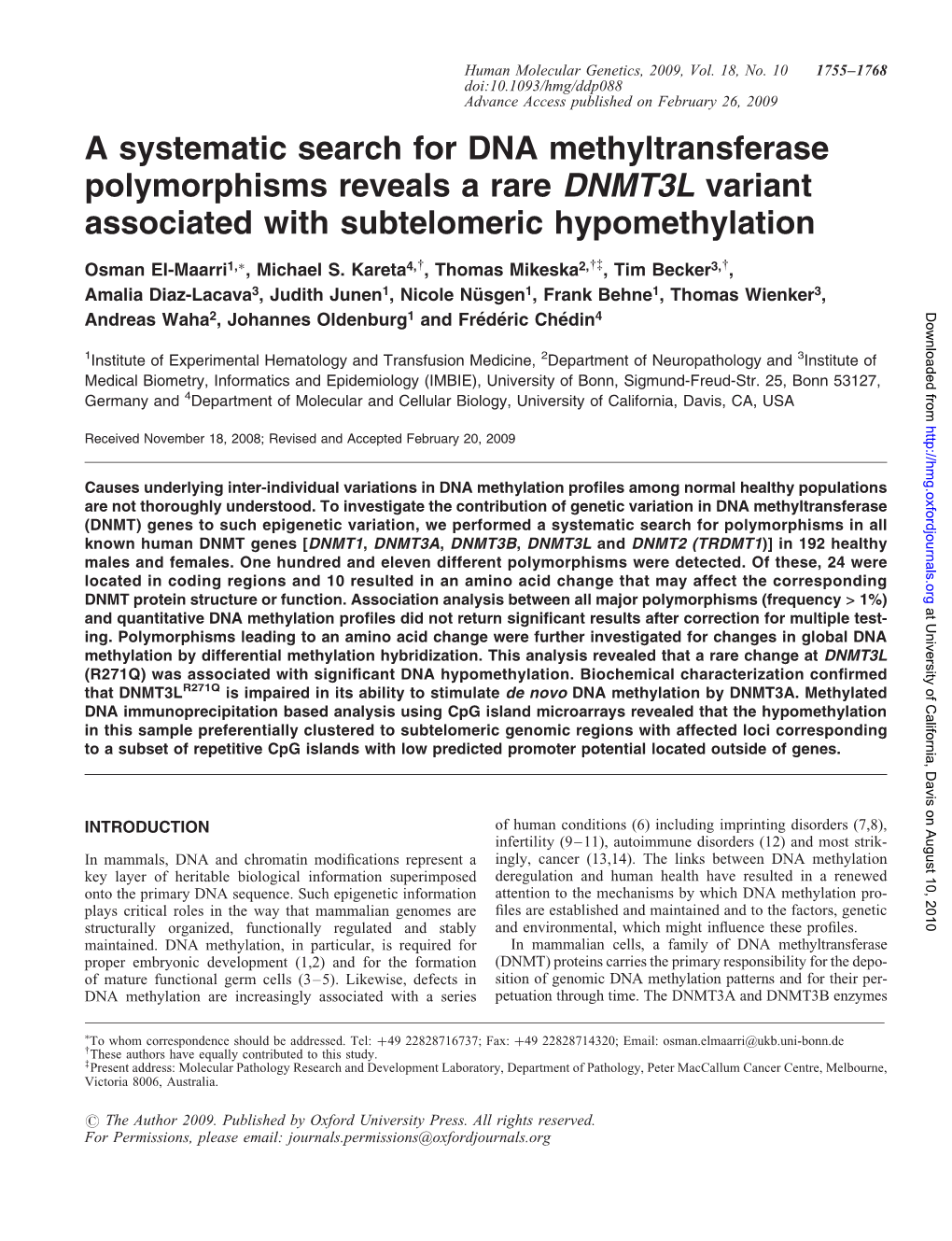 A Systematic Search for DNA Methyltransferase Polymorphisms Reveals a Rare DNMT3L Variant Associated with Subtelomeric Hypomethylation