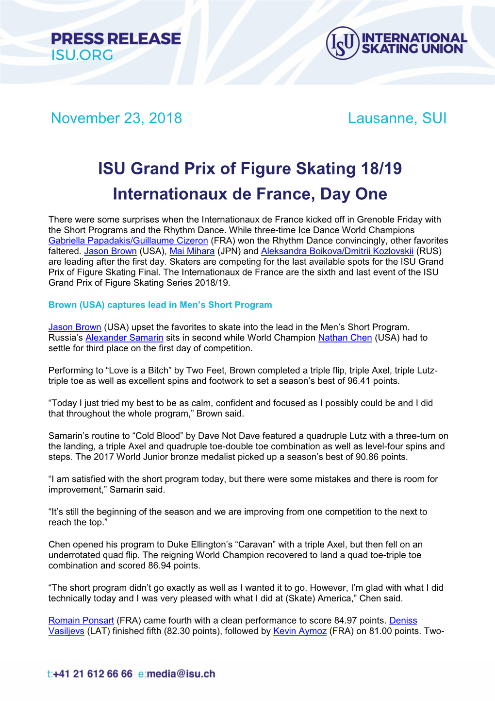 ISU Grand Prix of Figure Skating 18/19 Internationaux De France, Day One