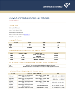 Dr. Muhammad Jan Shams Ur Rehman Associate Professor