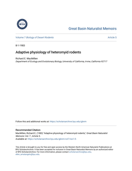 Adaptive Physiology of Heteromyid Rodents