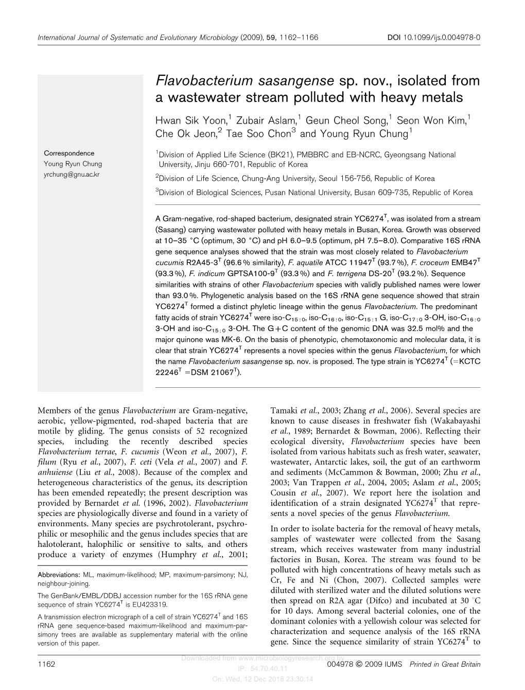 Flavobacterium Sasangense Sp. Nov., Isolated from a Wastewater Stream Polluted with Heavy Metals