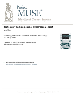 Technology the Emergence of a Hazardous Concept Leo Marx