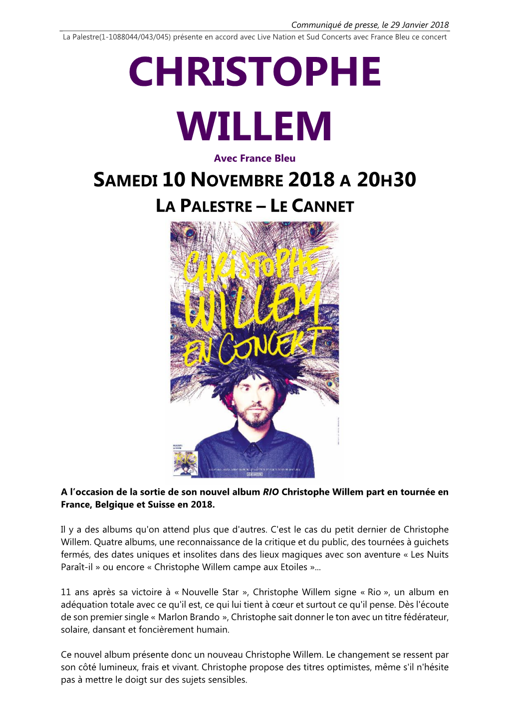 CHRISTOPHE WILLEM Avec France Bleu SAMEDI 10 NOVEMBRE 2018 a 20H30 LA PALESTRE – LE CANNET