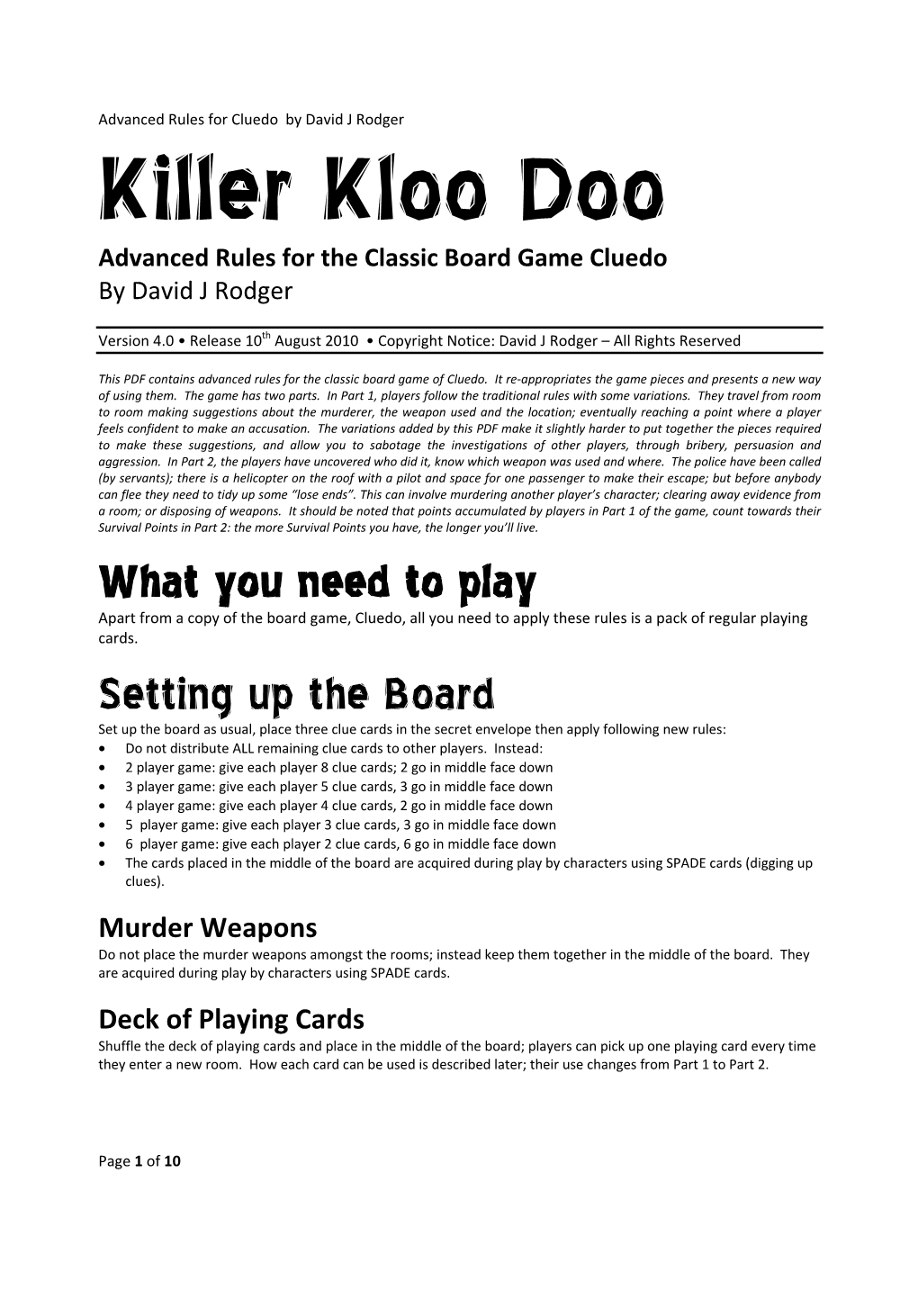 Advanced Rules for the Classic Board Game Cluedo by David J Rodger