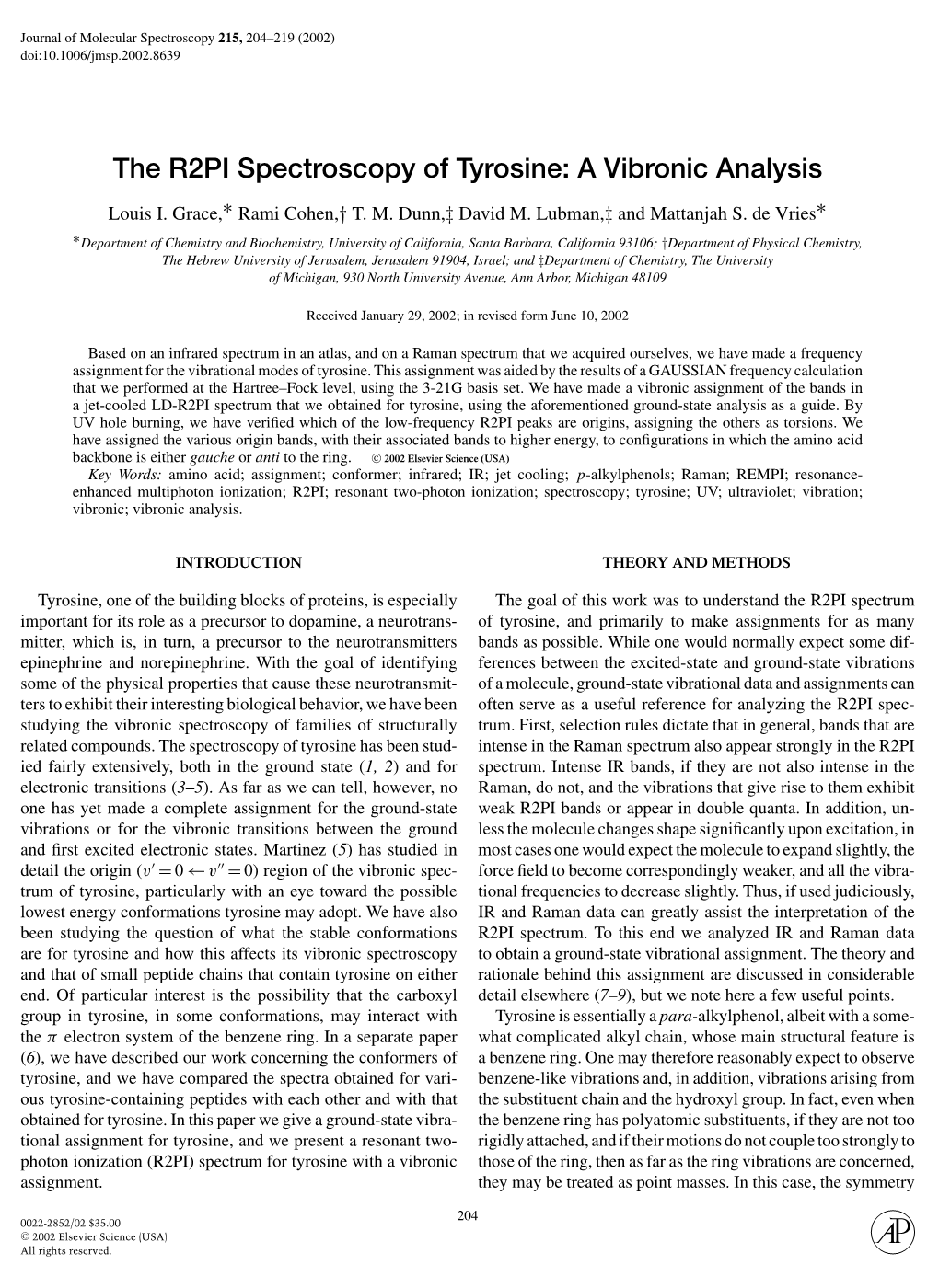 The R2PI Spectroscopy of Tyrosine: a Vibronic Analysis ∗ ∗ Louis I