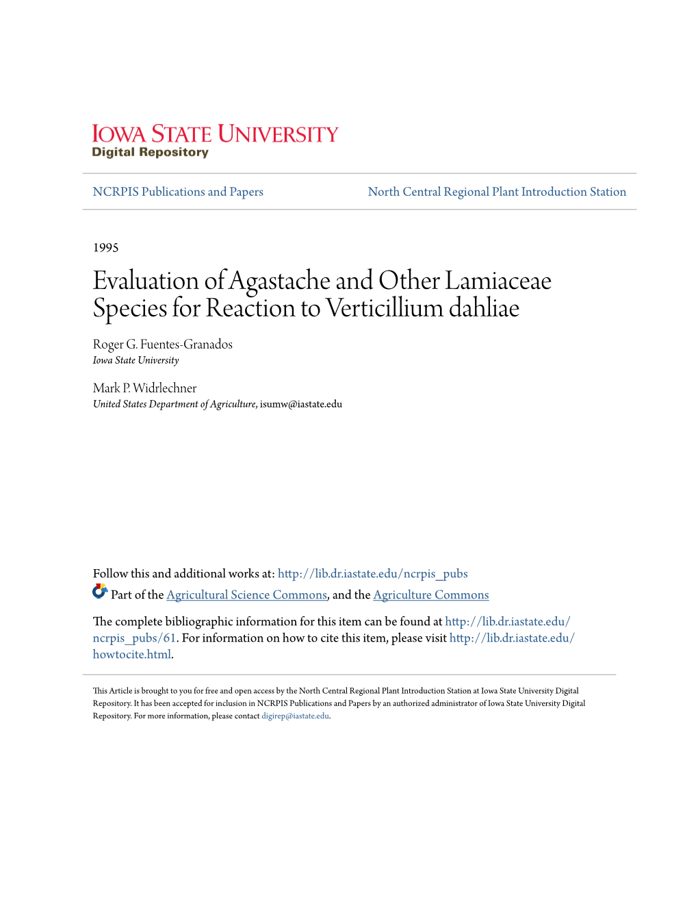 Evaluation of Agastache and Other Lamiaceae Species for Reaction to Verticillium Dahliae Roger G