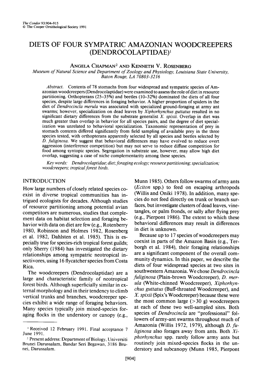 Diets of Four Sympatric Amazonian Woodcreepers (Dendrocolaptidae)’