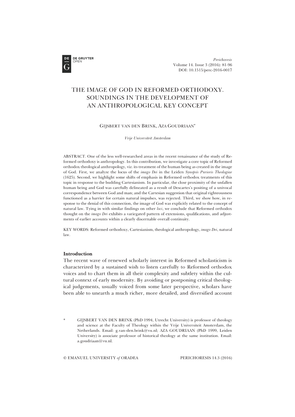 The Image of God in Reformed Orthodoxy. Soundings in the Development of an Anthropological Key Concept