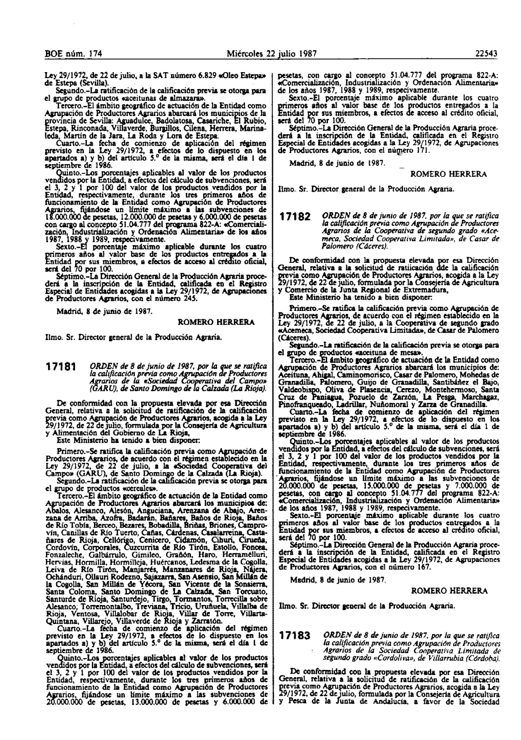 ORDEN De 8 De Junio De 1987, Por U. Que Se Ratifica La