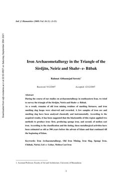 Iron Archaeometallurgy in the Triangle of the Sirdjān, Neiriz and Shahr- E- Bābak