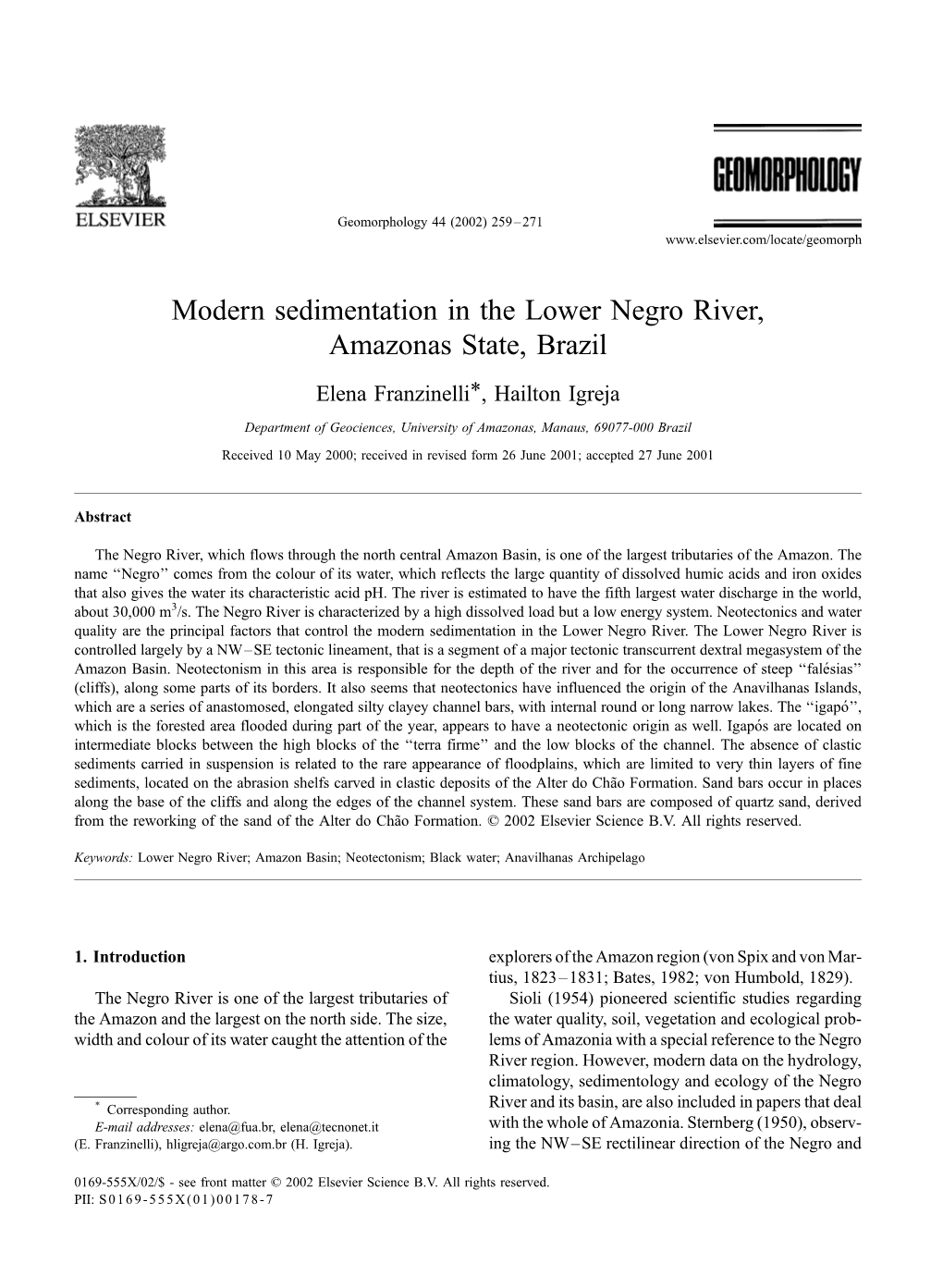 Modern Sedimentation in the Lower Negro River, Amazonas State, Brazil