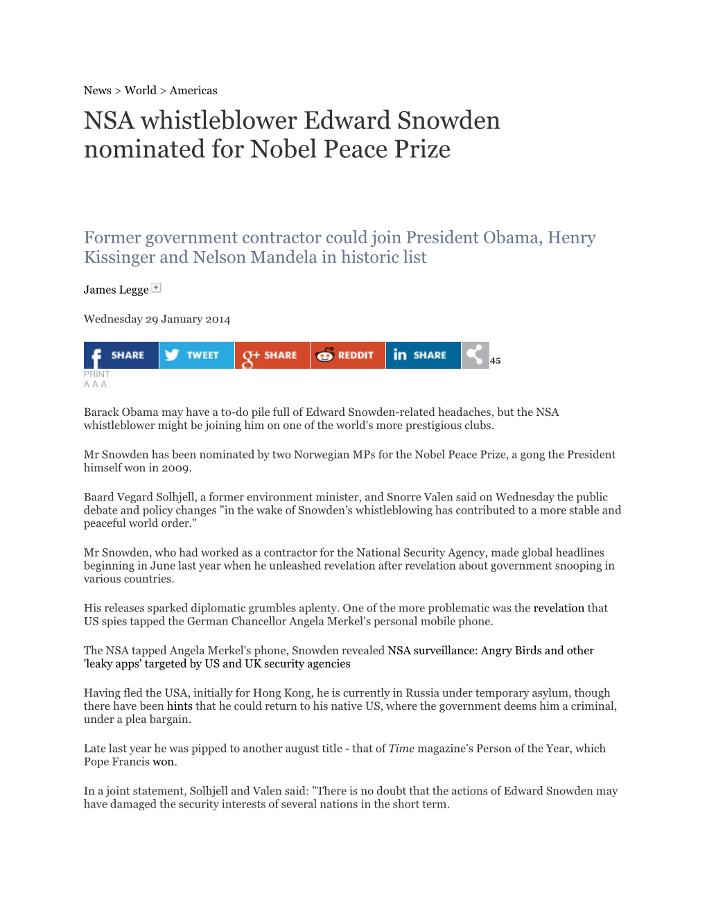 NSA Whistleblower Edward Snowden Nominated for Nobel Peace Prize