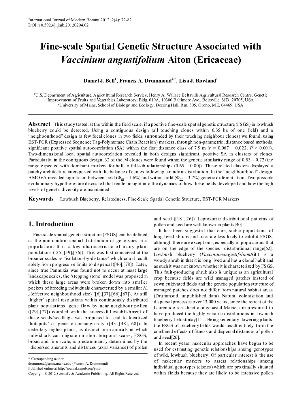 Fine-Scale Spatial Genetic Structure Associated with Vaccinium Angustifolium Aiton (Ericaceae)