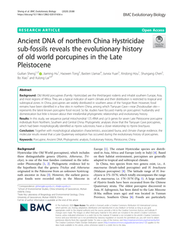 Ancient DNA of Northern China Hystricidae Sub-Fossils Reveals the Evolutionary History of Old World Porcupines in the Late Pleis