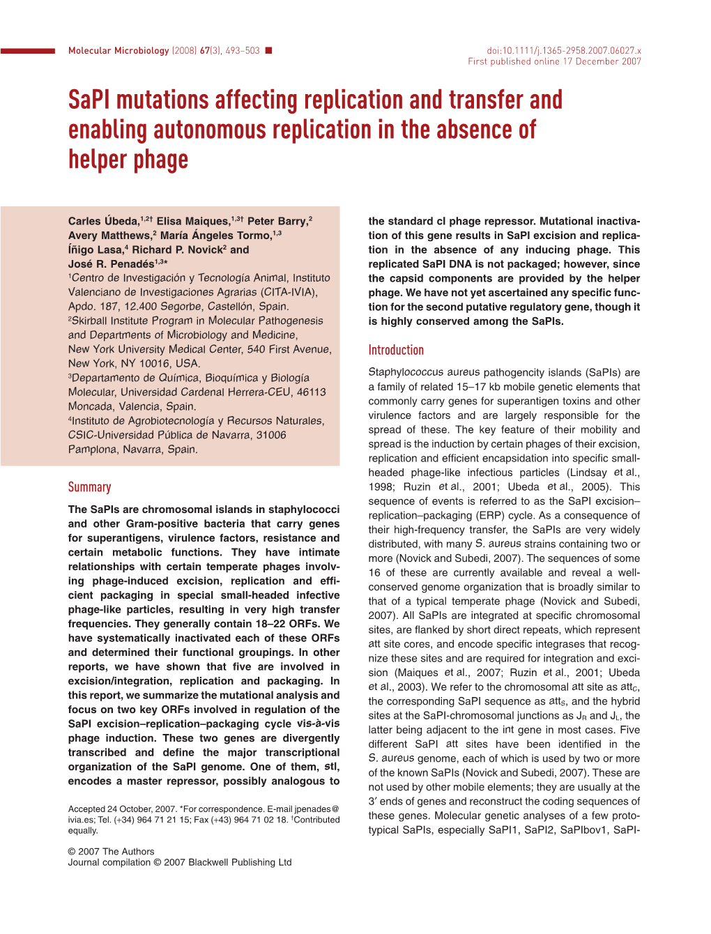 Sapi Mutations Affecting Replication and Transfer and Enabling Autonomous Replication in the Absence of Helper Phage