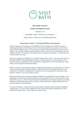 BATH! PRESS INFORMATION 2020 Visitbath.Co.Uk @Visitbath Twitter, Facebook and Instagram Image Library: Visitwest.Co.Uk/Media/Image-Library