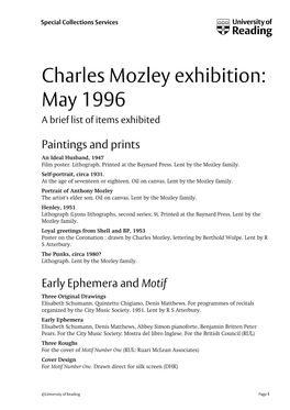 Charles Mozley: a List of Items Exhibited at the University of Reading
