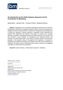 An Introduction to the Viable Systems Approach and Its Contribution to Marketing