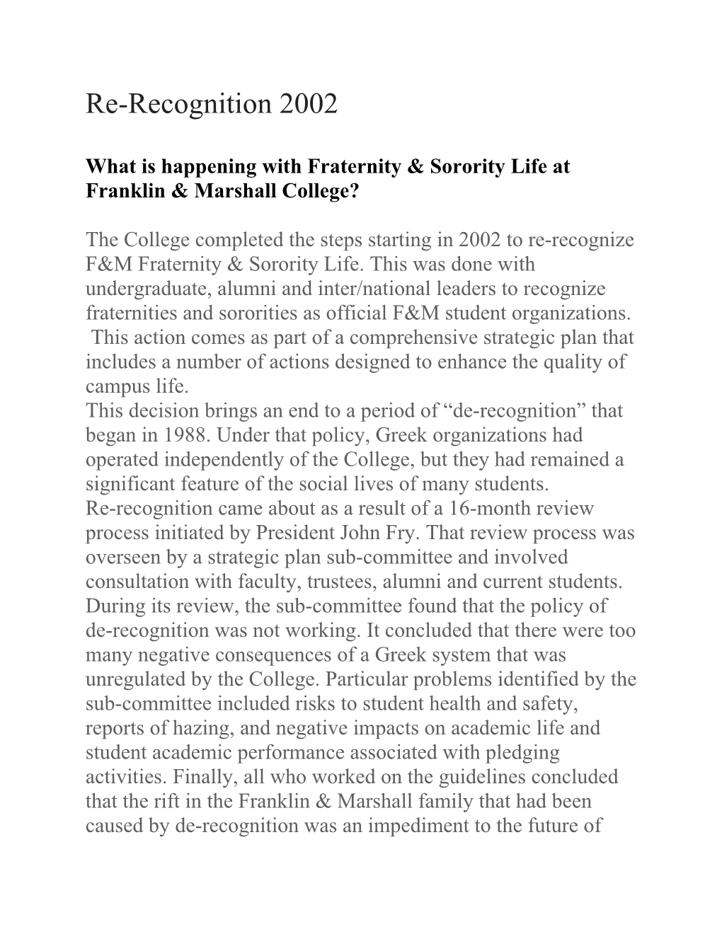 What Is Happening with Fraternity & Sorority Life at Franklin & Marshall College?