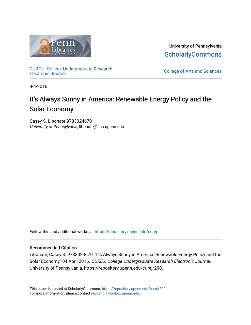 Renewable Energy Policy and the Solar Economy