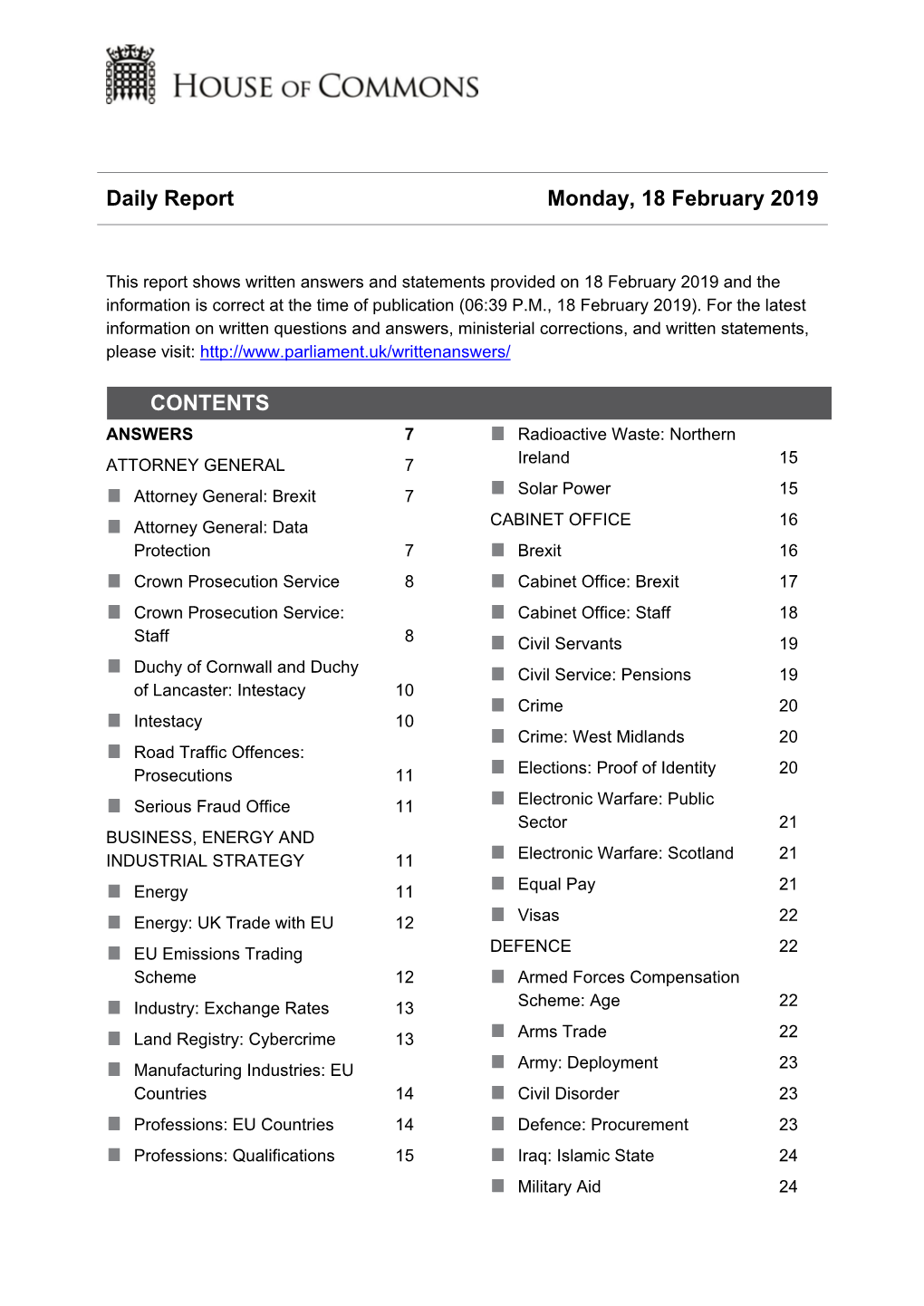 Daily Report Monday, 18 February 2019 CONTENTS