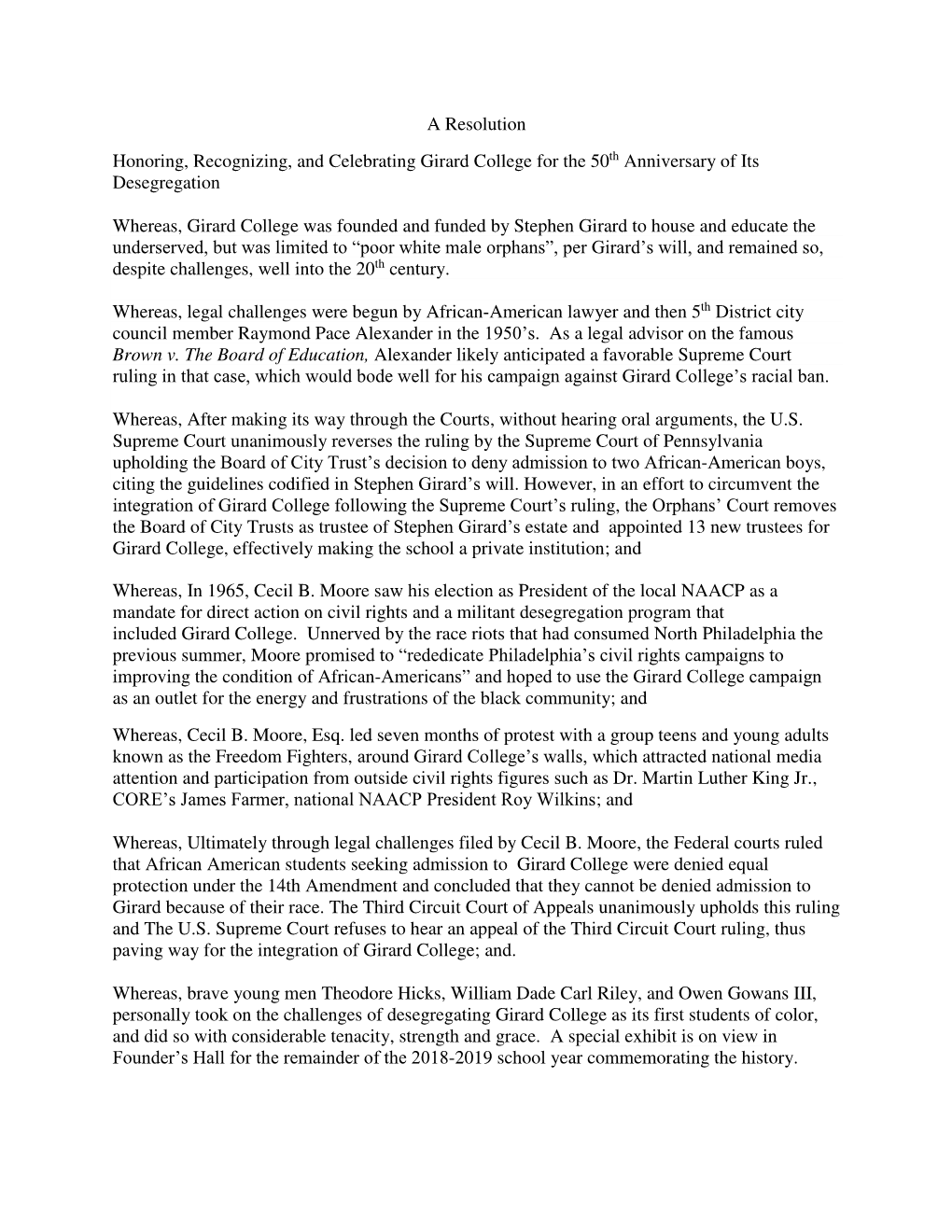 Resolution – Girard College 50Th Anniversary of Desegregation