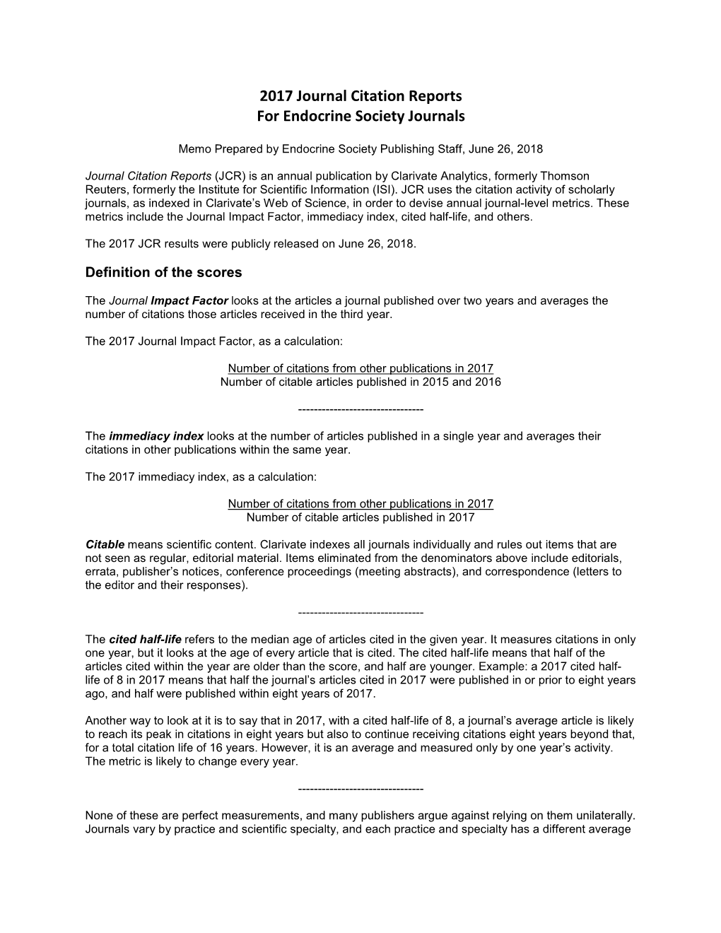 2017 Journal Citation Reports for Endocrine Society Journals