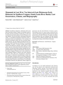 Late Pleistocene-Early Holocene) in Southern Uruguay (Santa Lucía River Basin): Last Occurrences, Climate, and Biogeography